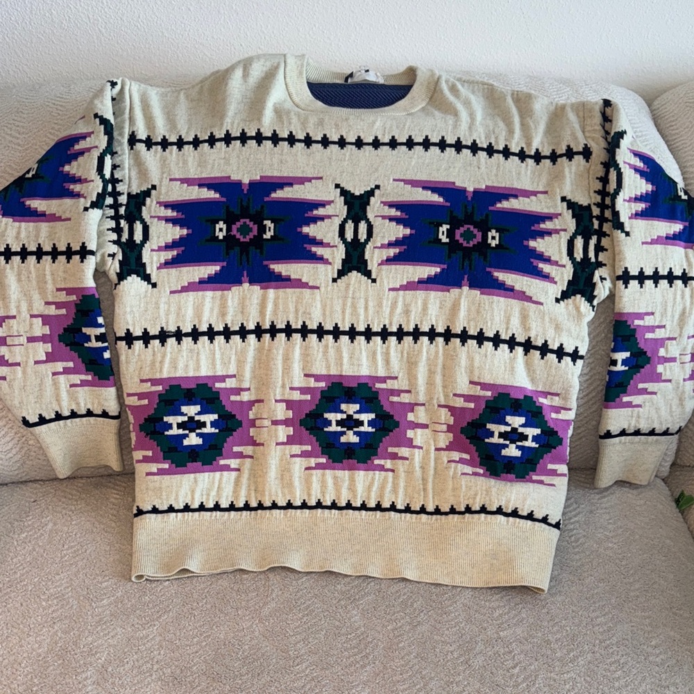 Isabel Marant Cream Crewneck Sweater with Purple, Navy & Teal Aztec Motifs